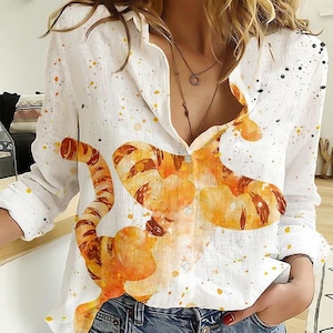 Tigger Leinen-Look Shirt, Disney Cartoon Bluse Frauen Shirt, Winnie The Pooh Casual Shirt, Disneyland Langarm Shirt, Geschenk für Sie