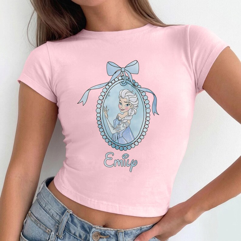 Personalized Elsa Princess Ribbon Baby Tee Crop Top, Disney Frozen Princess Shirt, Cool Girl Baby Tee
