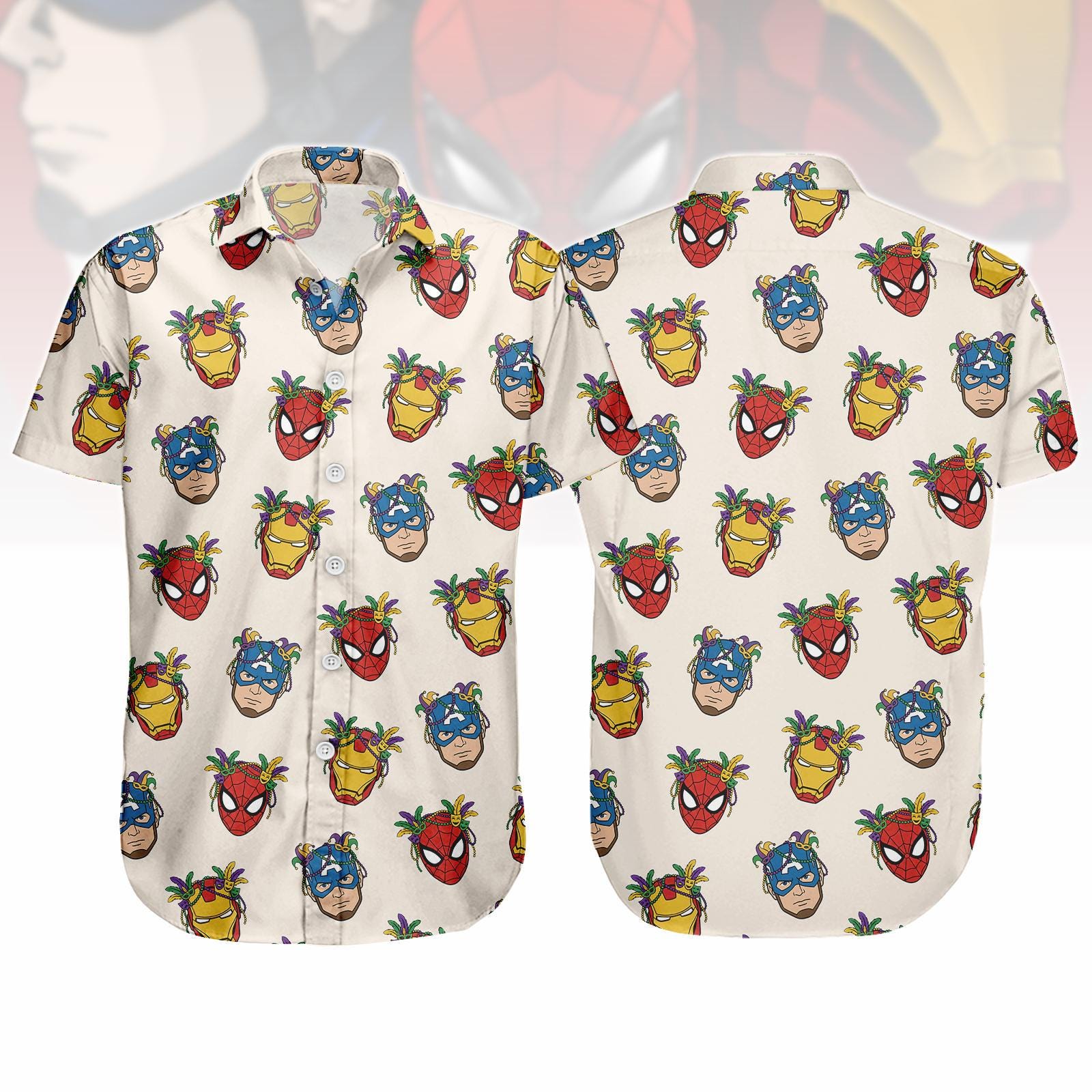 Discover Avengers Mardi Gras Button Shirt, Superhero Carnival Hawaiian Shirt, Disneyland Trip Shirt
