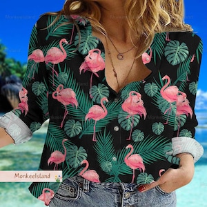 Flamingo Linen-Look Shirt, Bird Tropical Women Shirt, Animal Button Shirt, Flamingo Casual Shirt, Animal Lover Gift, Gift For Her