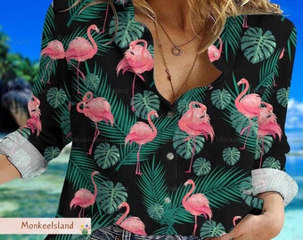 Flamingo Blouse Shirt, Bird Tropical Women Shirt, Animal Button Shirt, Flamingo Casual Shirt, Animal Lover Gift, Gift For Her