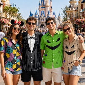 May include: Four short-sleeved button-down shirts featuring character-inspired designs. One shirt has a purple, yellow, and black patchwork pattern, one is black with white pinstripes and a bow tie, one is bright green with a black face, and one is tan.