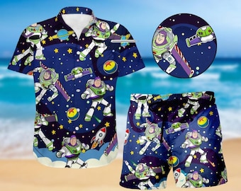 Toy Story Buzz Lightyear Hawaiiskjorta, Disney Toy Stor-skjorta med knappar, Pixar-karaktärers sommarskjorta, Magic Kingdom-skjorta för män