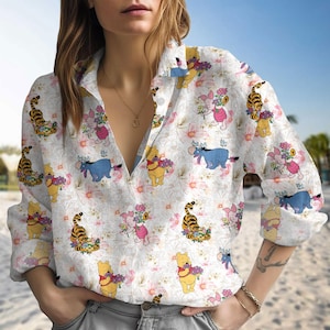 Winnie The Pooh Leinenoptik Shirt, Ieyore Tigger Piglet Casual Shirt, Pooh And Friends Damen Blusen, Disney Cartoon Langarm Shirt