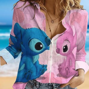 Stitch And Angle Linen-Look Shirt, Disney Cartoon Blouse Women Shirt, Stitch Lover Casual Shirt, Summer Shirt, Magic Kingdom Shirt
