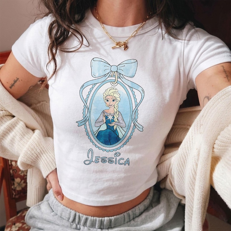Personalized Frozen Elsa Princess Baby Tee Crop Top, Elsa Coquette Bow Princess Shirt, Cool Girl Baby Tee
