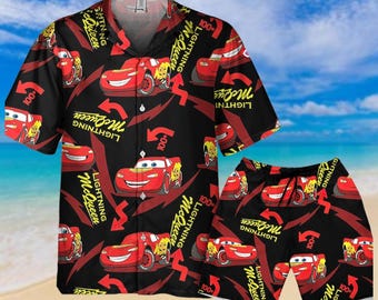 Camisa de Rayo McQueen, pantalones cortos McQueen 95 para hombre, camisa hawaiana de la película Cars, pantalones cortos de verano de Disney Cars, camisa abotonada, regalo para papá