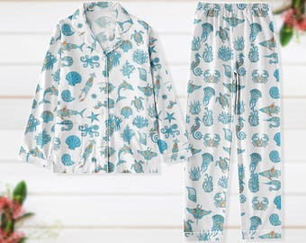 Pijama de animales marinos para mujer, pijama grueso de animales del océano, conjunto de pijama de ballena, orca, tortuga y delfín, regalo de vida marina