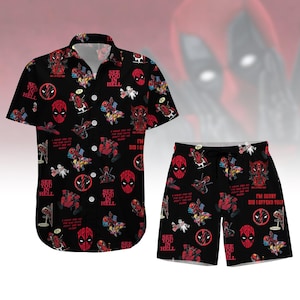 Könnte beinhalten: Ein schwarzes und rotes kariertes Hawaiihemd und passende Badehosen mit einer Comicfigur und dem Text "See You In Hell" und "I'm Sorry Did I Offend You?"