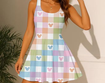 Mickey Mouse Checkered Skater Dress, Disney Mouse Plaid Casual Dress, Dress For Her, Magic Kingdom Gift