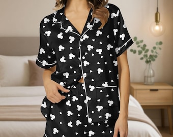 Mickey Mouse Satin Pajamas, Cute Disneybound Outfit, Disneyland Trip Pajamas, Fun Theme Park Pajamas Set, Gift For Her