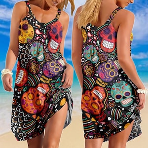 Sugar Skull Sling Summer Dress, Halloween Dress, Mexico Women Dress, Sugar Skull Dress For Her, Halloween Club Lover