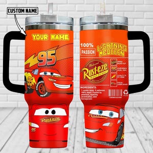 Custom Lightning McQueen Tumbler 40oz, Disney Cars Insulated Tumbler, Personalized Tumbler With Handle, Cars Movie Lover Gifts