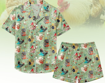 Floral Chicken Pattern Satin Pajamas, Women Chicken Pajamas, Chicken Girl Pj Set, Farm Women Pajamas, Gift For Her