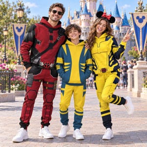 Peut inclure: Trois personnes portant des ensembles assortis de sweats à capuche et de pantalons de jogging. L'un porte un ensemble rouge et noir inspiré de Deadpool, l'autre un ensemble jaune et bleu inspiré de Wolverine, et le troisième un ensemble jaune et noir.