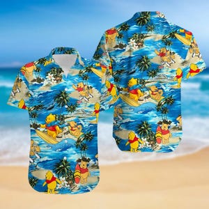 Camisa hawaiana de Winnie the Pooh, camisa con botones de oso Pooh, camisa con botones de dibujos animados de Disney, camisa hawaiana de Disneyland para hombre, camisa de verano