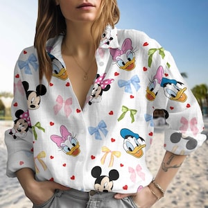 Mickey Friends Linen-Look Shirt, Minnie Bow Coquette Women Shirt, Disneyworld Long Sleeve Shirt, Pluto Daisy Donald Casual Shirt