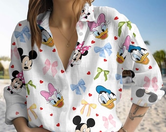Mickey Friends Bluse Shirt, Minnie Bow Coquette Frauen Shirt, Disneyworld Langarm Shirt, Pluto Daisy Donald Casual Shirt