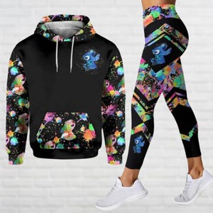 Sudadera con capucha de Stitch Ohana, leggings de Disney para mujer, sudadera con capucha 3D de película de dibujos animados, sudadera con capucha 3D personalizada, leggings de gimnasio, regalo para ella