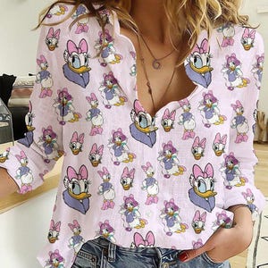 Camisa de lino de Daisy Duck, camisa informal de dibujos animados de Disney, camisa de Magic Kingdom, camisa de manga larga de Disneyworld, regalo para ella, blusas para mujer