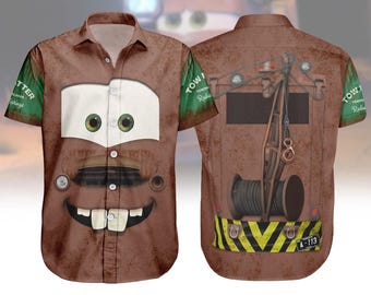 Camisa con botones para disfraz de Mater de remolque para Halloween, camisa de cosplay de Mater de remolque de Disney Cars, camisa de hombre de Cars de Disneyland para Halloween, regalo de Halloween