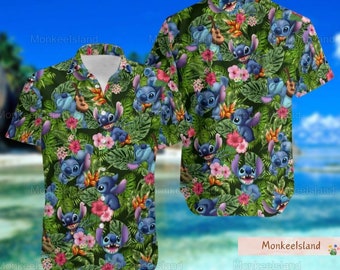 Koszula Stitch Tropical Hawaii, Hawajska koszula Lilo i Stitch, Męskie koszulki Disney Stitch Aloha, Urocza koszula Stitch z guzikami, Prezent dla taty