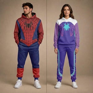Peut inclure: Un sweat à capuche et un pantalon de jogging assorti rouge et bleu avec un motif de toile d'araignée noire et un emblème d'araignée central. À côté, un sweat à capuche et un pantalon de jogging violet et blanc avec un motif d'araignée bleu sarcelle.