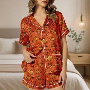 Pumpkin Ghost Silk Pajamas, Cute Pumpkin Women Pajamas, Pumpkin Lover Gift, Fall Season Gift
