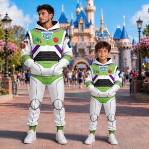 May include: Two matching white, green, and purple hooded sweatshirts and sweatpants sets featuring a Buzz Lightyear space ranger costume print. The tops include a Space Ranger chest emblem, a Lightyear name tag, and red, blue, and green buttons.