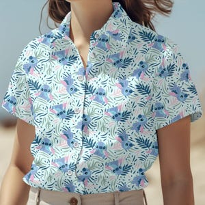 Camisa hawaiana floral de Stitch, camisa abotonada de Lilo y Stitch, short de Disney Cartoon Man, vacaciones en Disneyland, Walt Disney World