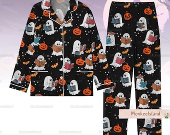 Halloween Pajamas, Halloween Women Pajamas, Ghost Reading Book Pajamas Set, Pumpkin Pj Set, Fall Pajamas, Spooky Season Gift