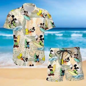 Camiseta de Mickey Mouse, pantalones cortos de Disney Mouse, camiseta de la película de dibujos animados de Hawái, pantalones cortos de Disney World, camisa abotonada, camiseta de vacaciones de Disney