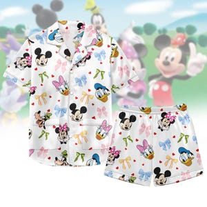 Mickey And Friends Satin Pajamas, Minnie Bow Coquette Pajamas Short Set, Disneyworld Women Pajamas, Pluto Daisy Donald Bow Pjs