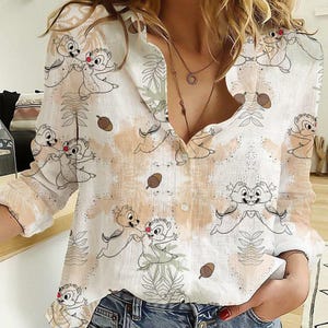 Chip And Dale Linen-Look Shirt, Disney Character Blouse Women Shirt, Disney Animal Women Shirt, Animal Kingdom Shirt, Gift For Her