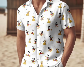 Camisa con botones de Mickey Mouse y Pluto, camisa vintage de dibujos animados de Disney para hombre, camisa linda de Mickey Pluto, camisa del Reino Mágico
