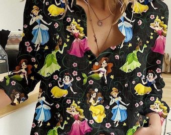 Bluzka z księżniczką Disneya, damska bluzka z księżniczką, lniana koszula Ariel, bluzka z Królewną Śnieżką, koszula z wakacjami w Disneylandzie, prezent dla niej