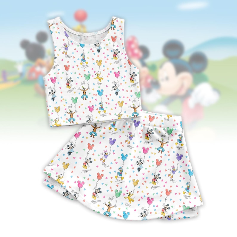 Mickey and Friends Balloon Activewear Set, Disney Athletic Skirt Set, Cute Mickey Mouse Workout Top, Disneybound Running Outfit