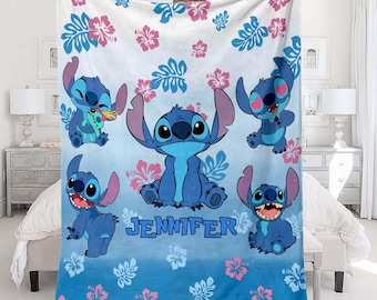 Coperta personalizzata Stitch, coperta per bambini Lilo e Stitch, coperta in pile del film d'animazione, regali di compleanno Stitch per bambina, regalo per lei