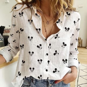 Camisa de lino de Mickey Mouse, blusa de Disney Mouse para mujer, camisa informal de dibujos animados, camisa de verano de Mickey, camisa del Reino Mágico