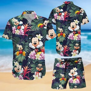 Camisa hawaiana de Mickey Mouse, shorts de baño de Disney Mouse, camisa de botones de película de dibujos animados, camisa de playa de Disney Hawái, vacaciones en Disney