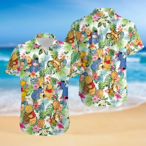 Winnie de Poeh Hawaiiaans shirt, Pooh en vrienden buttonshirt, Knorretje Iejoor Tigger zomershirt, strandshirt, Disneyland cadeau