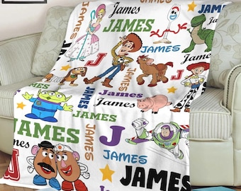Personalized Disney Toy Story Blanket, Custom Name Blanket, Woody Jessie Buzz Lightyear Fleece Blankets, Cartoon Blankets, Gift For Kid