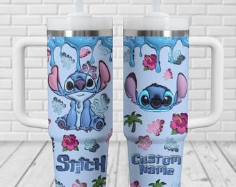 Op maat gemaakte beker van 40 oz met bloemen, roestvrijstalen beker met lilo en stitch, Ohana Means Family beker, beker van Disney Stitch