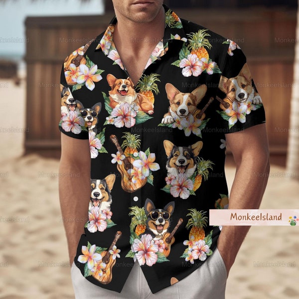Corgi Floral Button Shirt, Funny Corgi Shirts For Men, Corgi Dog Button Up Shirt, Corgi Vacation Shirt, Corgi Owner Gift, Gift For Him