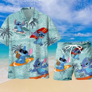 Camisa hawaiana de Stitch, camisa con botones de Disney, pantalones cortos de Stitch para hombre, camisa hawaiana para hombre, pantalones cortos de películas de dibujos animados, regalo de Lilo y Stitch