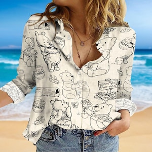 Pooh Bär Leinenoptik Shirt, Honig Pooh Bär Bluse Shirt, Winnie The Pooh Frauen Shirt, Disney Cartoon Casual Shirt, Geschenk für sie