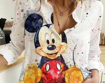 Mickey Mouse Blouse Shirt, Disney Linen Button Shirt, Cartoon Movie Women Shirt, Magic Kingdom Shirt, Cartoon Movie Gift