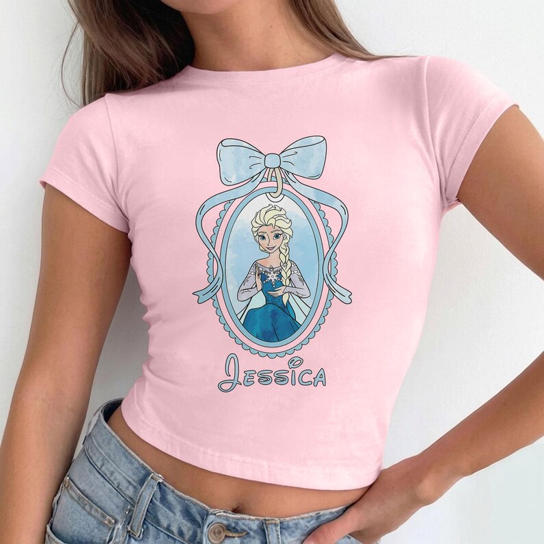 Personalized Frozen Elsa Princess Baby Tee Crop Top, Elsa Coquette Bow Princess Shirt, Cool Girl Baby Tee