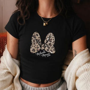 Disney Minnie Mouse Baby Tee, Leopard Minnie Bow Tee Shirt, Cute Minnie Mouse Top, Y2K Disney Aesthetic Tee, Gift For Her