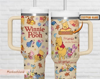 Vintage Winnie The Pooh 40oz Tumbler, Pooh And Friends Handle And Lid, Custom Name Pooh Bear Tumbler, Disney Pooh Insulated Tumbler